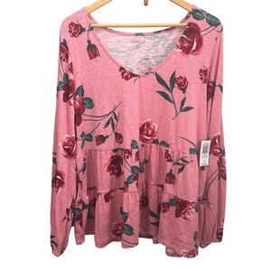 Torrid Vintage Slub Pink Rose Floral V-Neck Tiered Long Sleeve Peplum Blouse